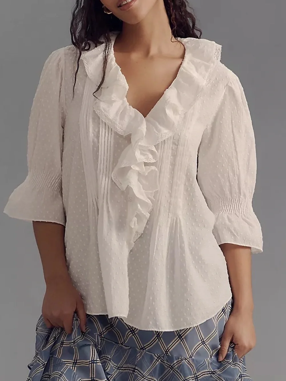 Anthropologie Ruffled Pin-Tuck Button- Front Cream Ruffled Swiss Dot Blouse Sz S